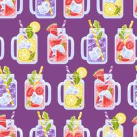 A Seamless pattern showcasing four colorful jars filled with refreshing drinks. Each jar is topped with a delightful mix of fruits and garnishes, ideal for summer refreshment. vector