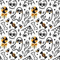 seamless pattern showcases cute kawaii lollipops, playful skulls, spider webs, and whimsical bones. Ideal for Halloween-themed designs, it combines fun and spooky elements in a vibrant style. vector