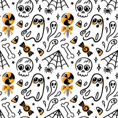 seamless pattern showcases cute kawaii lollipops, playful skulls, spider webs, and whimsical bones. Ideal for Halloween-themed designs, it combines fun and spooky elements in a vibrant style.