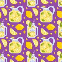 seamless pattern features delightful lemonade, showcasing juicy lemon slices and refreshing drink elements. Perfect for summer-themed projects, it adds a vibrant, fun touch to design. vector