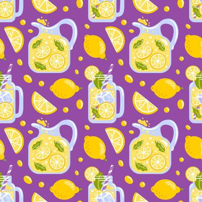 seamless pattern features delightful lemonade, showcasing juicy lemon slices and refreshing drink elements. Perfect for summer-themed projects, it adds a vibrant, fun touch to design.