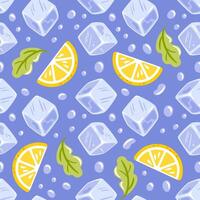 Seamless pattern featuring vibrant lemon slices, ice cubes, refreshing mint leaves, and droplets, creating a cool and refreshing design perfect for summer drinks and vibrant beverage illustrations vector