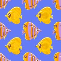 illustration featuring playful fish on a blue background. The design showcases a mix of yellow and purple fish with expressive eyes, creating a cheerful and whimsical underwater scene. vector