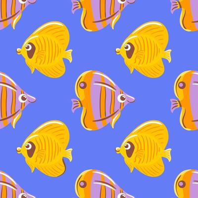 illustration featuring playful fish on a blue background. The design showcases a mix of yellow and purple fish with expressive eyes, creating a cheerful and whimsical underwater scene.