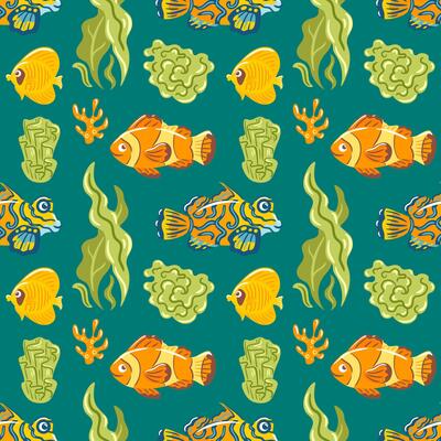 This vibrant illustration features a playful underwater pattern showcasing colorful fish and coral surrounded by lush green seaweed. The lively colors evoke a cheerful marine atmosphere
