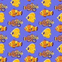 A seamless pattern featuring the colorful Chaetodon semilarvatus, vibrant mandarin fish, and playful clownfish, showcasing their intricate details and lively movements in a tropical underwater scene vector