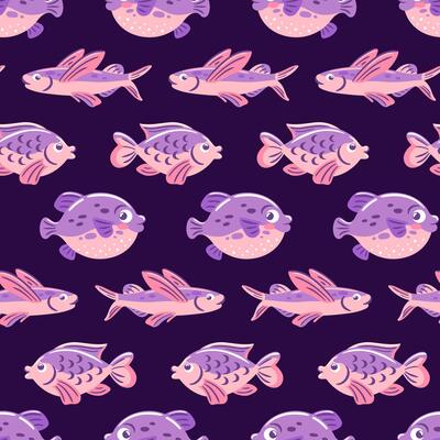 Seamless underwater pattern featuring pufferfish and flying fish in vibrant colors, perfect for textiles, wallpapers, and aquatic-themed designs.