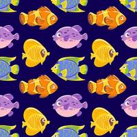 seamless pattern showcases tropical ocean inhabitants, including playful clownfish, elegant angelfish, and unique fugu. Perfect for wallpaper, textiles, and packaging vector