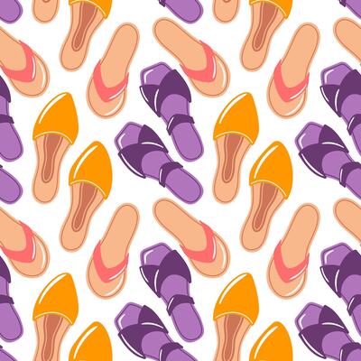 This seamless pattern showcases trendy summer sandals, perfect for capturing the spirit of sunny days. Ideal for fashion projects, beachwear, and vibrant designs that celebrate summer style and warmth