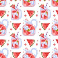 seamless pattern features delightful watermelon lemonade, showcasing juicy watermelon slices and refreshing drink elements. Perfect for summer-themed projects, it adds a vibrant, fun touch to design. vector