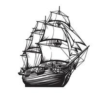 A bold monochrome silhouette of a classic sailing ship illustration showcasing detailed sails and nautical design on a white background vector