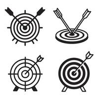 Four black and white silhouette target icon illustrations representing aiming success goals and business concepts with arrows at bullseye vector