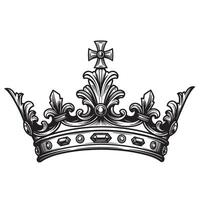 Intricate black and white royal crown illustration featuring detailed ornamentation for luxurious branding purposes and design elements vector
