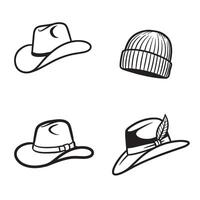 A collection of outlined silhouette hats showcasing different styles and designs including cowboy hat beanie and feathered hat for fashion concepts vector