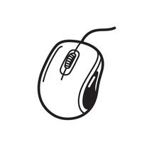 Simple black and white illustration of a computer mouse with scroll wheel and cable perfect for technology or digital design vector