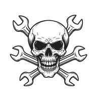 Silhouette illustration of a grimacing skull with crossed wrenches depicting a mechanical mechanic theme or concept vector
