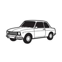 Classic vintage compact automobile two door coupe featuring a sleek silhouette of an iconic retro vehicle illustrated with bold black and white outlines. vector