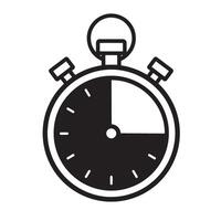 A simple black and white silhouette stopwatch icon representing time measurement and deadlines with quarter time shown. vector