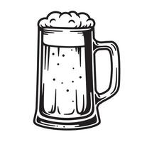 Hand drawn illustration of a full beer stein with foamy head bubbly contents and handle in a classic silhouette design. vector
