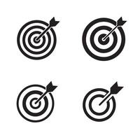 Four simple black and white silhouette dartboard icons with arrows illustrating target achievement and goal setting concepts. vector