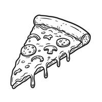 Hand-drawn illustration of a pizza slice adorned with assorted toppings including mushrooms pepperoni and onions in silhouette vector