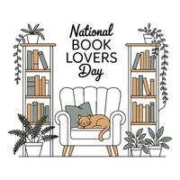 Cozy National Book Lovers Day Illustration Cat Napping in Armchair Amidst Bookshelves and Plants - Professional digital artwork with vibrant colors and detailed composition vector