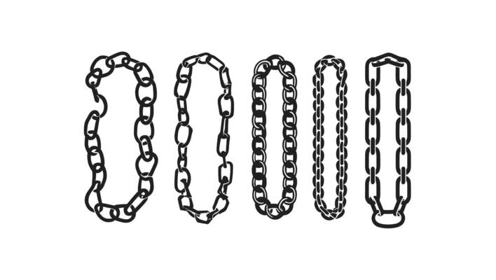 Five Different Black Metal Chain Styles Isolated on White Background A Dark and Dramatic Illustration