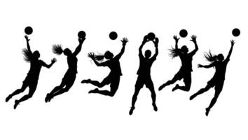Dynamic Silhouettes of Volleyball Players in Action Intense Competition, Powerful Leaps, and Energetic Gameplay - Professional digital artwork with vibrant colors and detailed composition vector