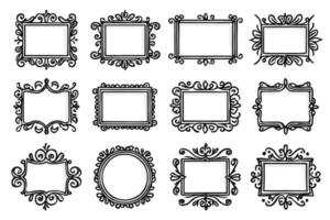 Twelve Hand-Drawn Ornate Decorative Frames, Elegant Black and White Design Elements, Perfect for Vintage Projects, Scrapbooking, and Invitations vector