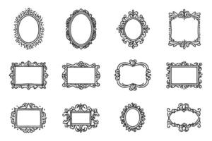 Twelve Elegant Ornate Hand-Drawn Picture Frames, Perfect for Vintage Design Projects, Offering a Classic and Romantic Mood vector