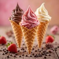 Three ice cream cones with chocolate and strawberry toppings photo