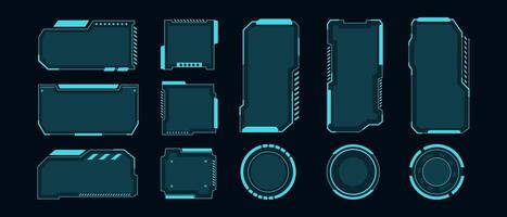 Big set of Sci Fi modern user interface elements. futuristic abstract HUD frame screen, button, loading, text isolated on black background. GUI elements for game. Data information infographic. vector