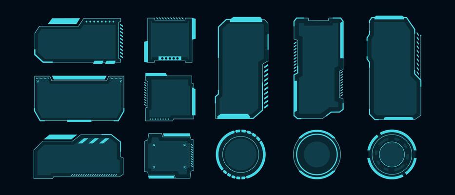 Big set of Sci Fi modern user interface elements. futuristic abstract HUD frame screen, button, loading, text isolated on black background. GUI elements for game. Data information infographic.