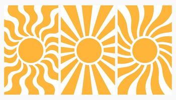 Large set groovy sun. Yellow textured retro sun. Posters from the 70s and 60s. Hippie style. Summer vintage patterns vector