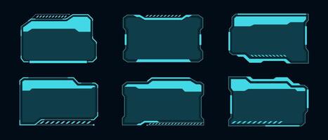 Futuristic HUD or UI elements. Sci-fi user interface text boxes, callouts. Warning message frame, information boxes template. Modern game interface layout, digital style. vector