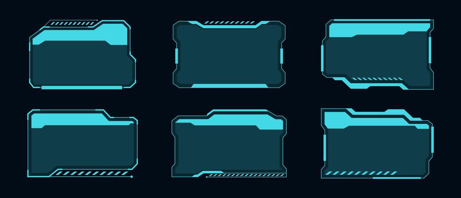Futuristic HUD or UI elements. Sci-fi user interface text boxes, callouts. Warning message frame, information boxes template. Modern game interface layout, digital style.