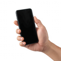 Hand holding a smartphone with a blank screen, perfect for showcasing mobile applications or digital content. png