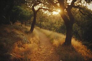 Golden hour path through a sunlit forest trees casting shadows on a grassy trail photo