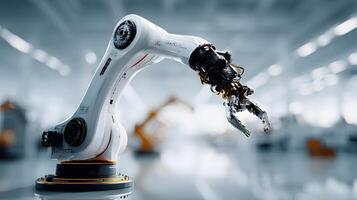 Advanced robotic arm in a modern factory setting showcasing automation and technology photo