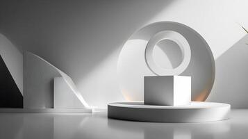 Minimalist white display cube and platform with geometric shapes and soft lighting photo