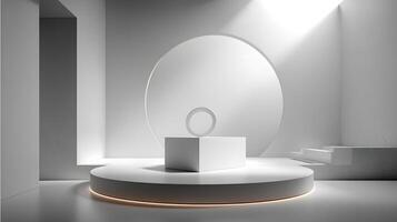 Minimalist white studio scene with circular platform cube and ring photo