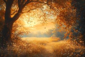 Golden autumn path through a sunlit meadow bathed in warm light butterflies flutter gently amongst the trees photo