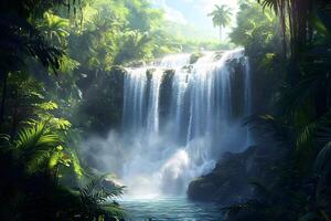 Lush tropical jungle waterfall cascading into a tranquil pool sunlight streams through the dense foliage creating a mystical atmosphere photo