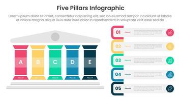Five pillars framework with ancient classic construction infographic with 5 point stage template with colorfull pillar and rectangle round container for slide presentation vector