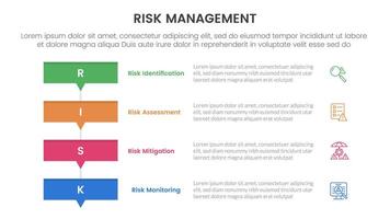 risk management infographic with 4 point stage template with rectangle box stack with small arrow bottom for slide presentation vector
