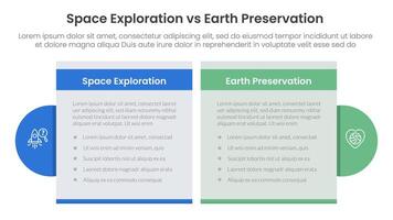 space exploration vs earth preservation comparison concept for infographic template banner with table box and circle accessories with two point list information vector