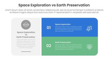 space exploration vs earth preservation comparison concept for infographic template banner with big round box and stack list with two point list information vector
