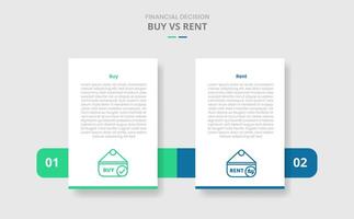 buy vs rent comparison for infographic with vertical standing box and horizontal box through drop shadow style with two point list information vector