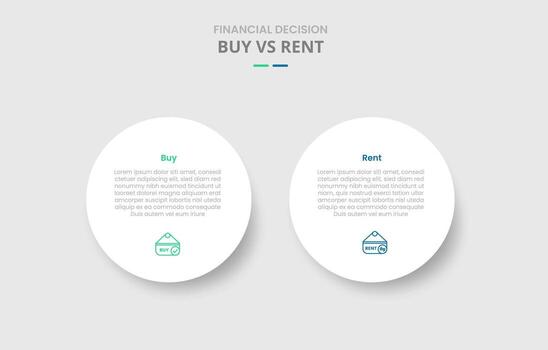 buy vs rent comparison for infographic with big circle white drop shadow style with two point list information vector