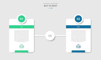 buy vs rent comparison for infographic with vertical round box with circle badge on top with drop shadow style with two point list information vector